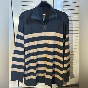Free People Navy and Beige Striped Long Sleeve Top